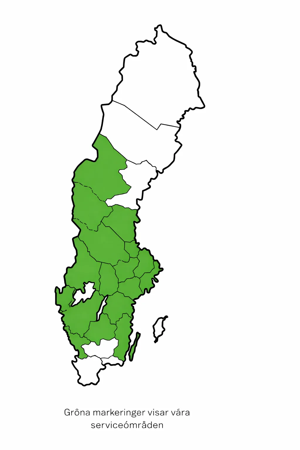 Karta över Sverige med markerade serviceområden